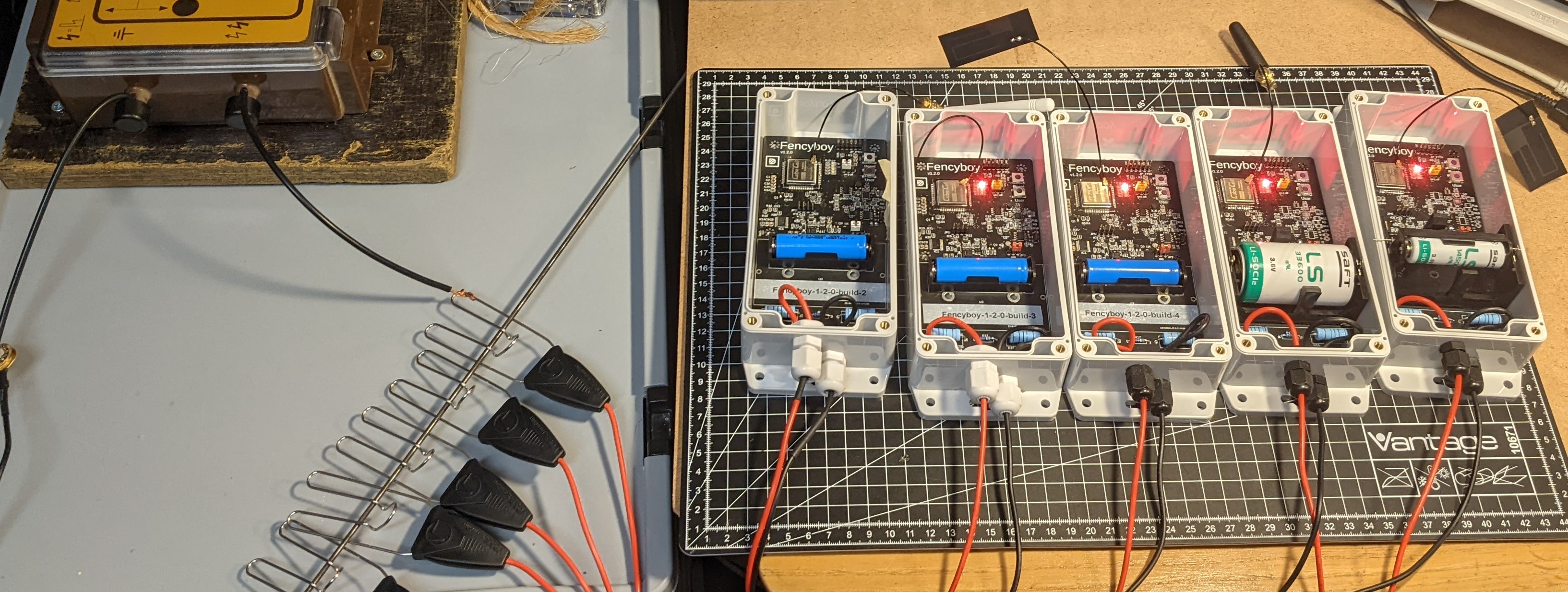 Multiple Fencyboy v1.2.0 connected to the same electric fence energizer.